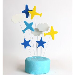 Cake Topper Flugzeuge, Sterne und Wolken blau/weiss/gelb