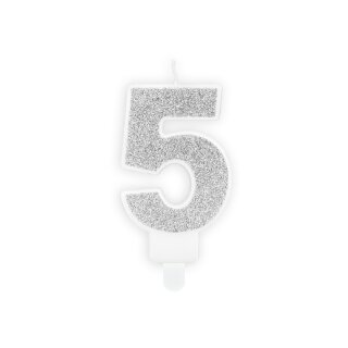 Geburtstagskerze Zahlenkerze Glitter Silber - Nummer 5